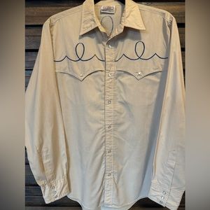 Vintage Saturdays Western Pearl Snap Shirt Mens MED Beige Blue Swirl Embroidered